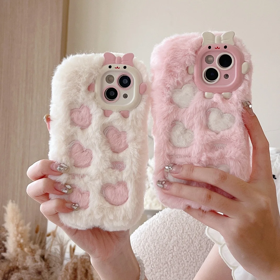 

New Cute Lovable Embroidered Heart Plush Case For iPhone 11 12 13 14 15 16 17 Pro Max Plus Shockproof Shell Fluffy Phone Cover