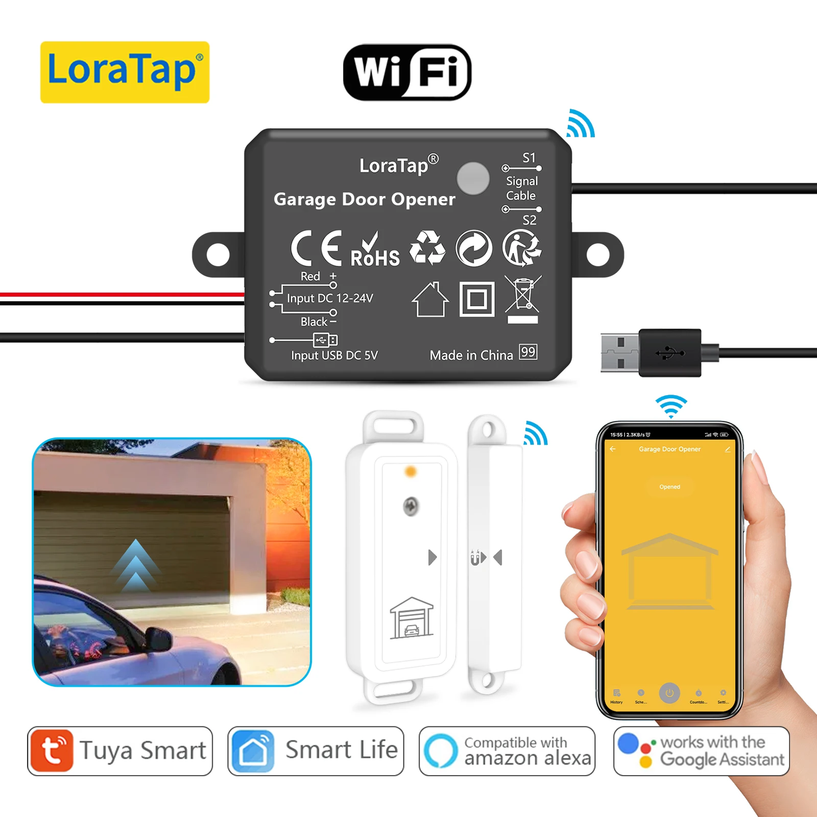 

Контроллер открывания гаражных ворот Tuya Smart Life, сухой контактный переключатель, беспроводной датчик двери, предупреждения о безопасности, поддержка Google Alexa