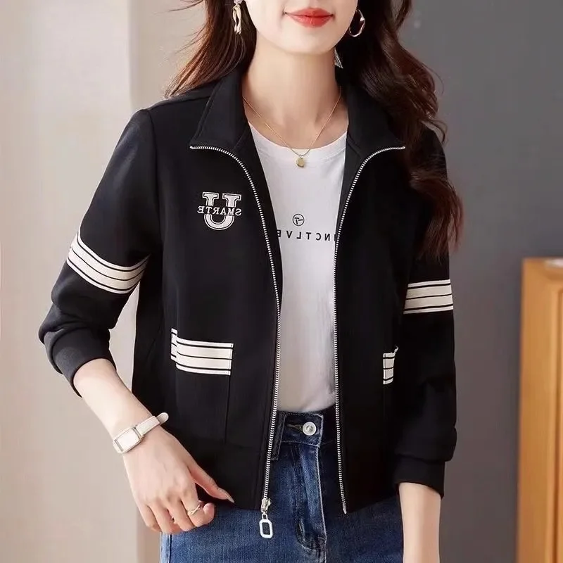 

2025 Femme Leisure Short Baseball Coat Korean Lady Fashion Long Sleeves Jacket Spring Autumn Women Stand-up Collar Tops Outwear