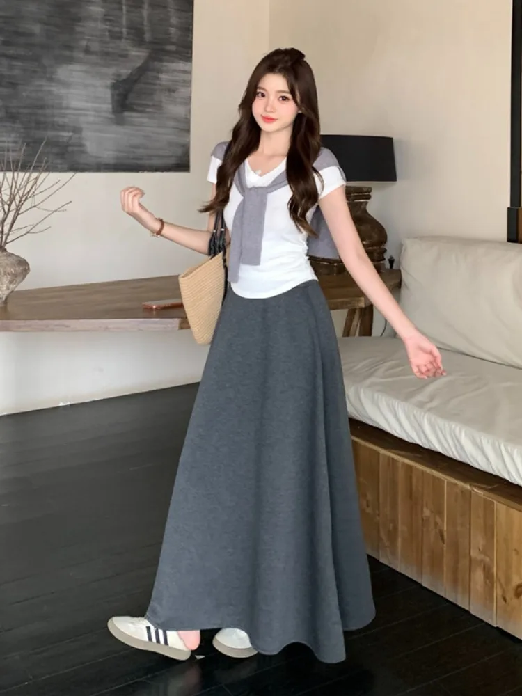 

Summer New Style plus Size Women's Fashion Set with Shawl Anti-Aging Short Sleeve T-Shirt And Flared Skirt Casual Wear