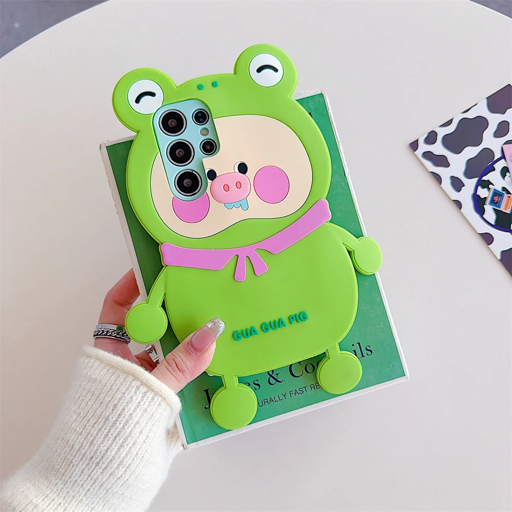 

S26 Ultra 3D Cute Green Frog Drooling Pig Phone Case for SamSung Galaxy S25 S24 S23 A57 A56 Soft Silicone Cartoon Protect Cover