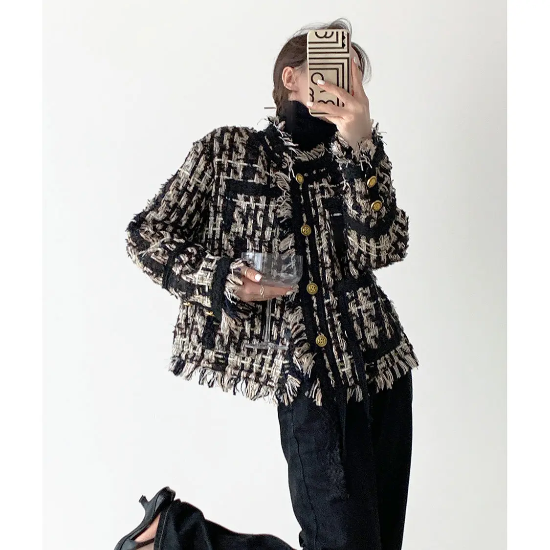 Spring Luxury Design Coat Women's Temperament Elegant Tweed Jacket Fashion Loose Buttons Coat 2024 The New Commute Top A214