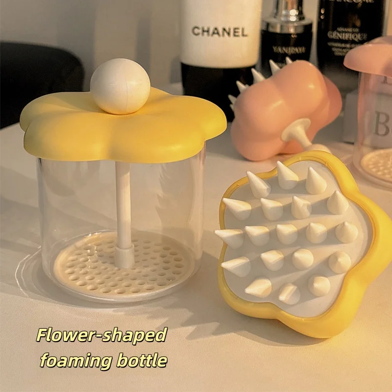 Manual Foam Maker Bottle Cute Flower Design Face Wash Foamer Silicone Scalp Massager Brush For Home Facial Hair Cleaning Use
