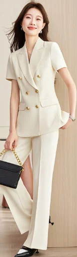 Double-breasted short-sleeve summer small suit jacket women's trousers cross-border foreign trade professional clothing
