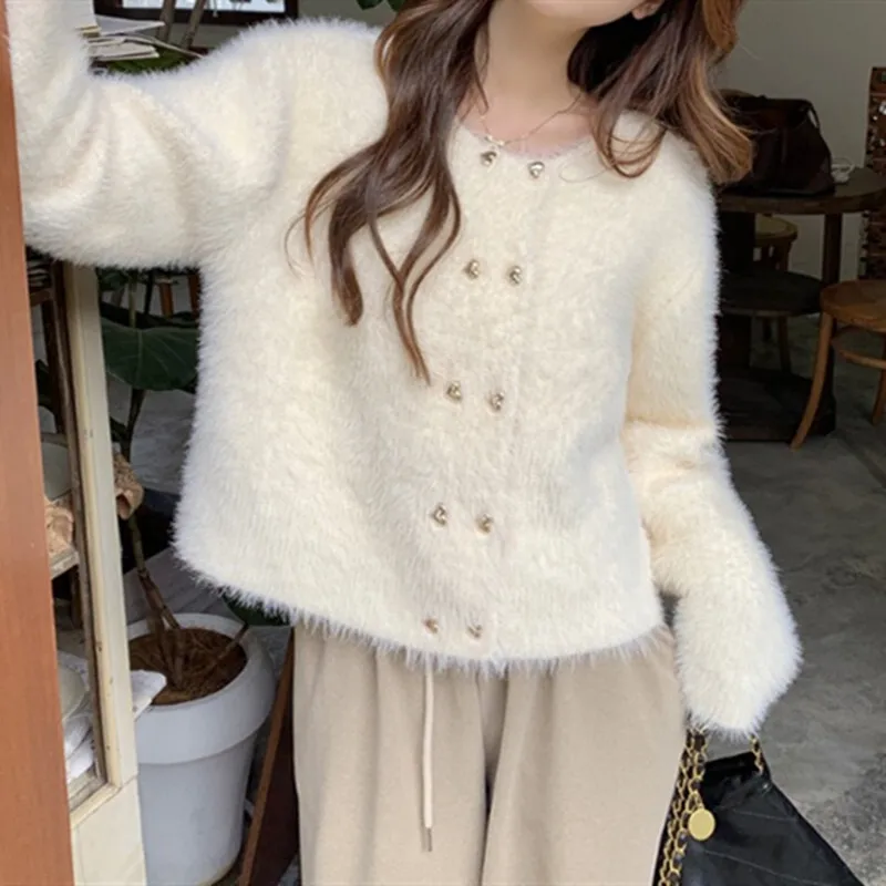 2024 Spring And Autumn New Soft Glutinous Mink Fleece Short Round Neck Cardigan Long Sleeve Women's Lazy Style Knitted Sweater