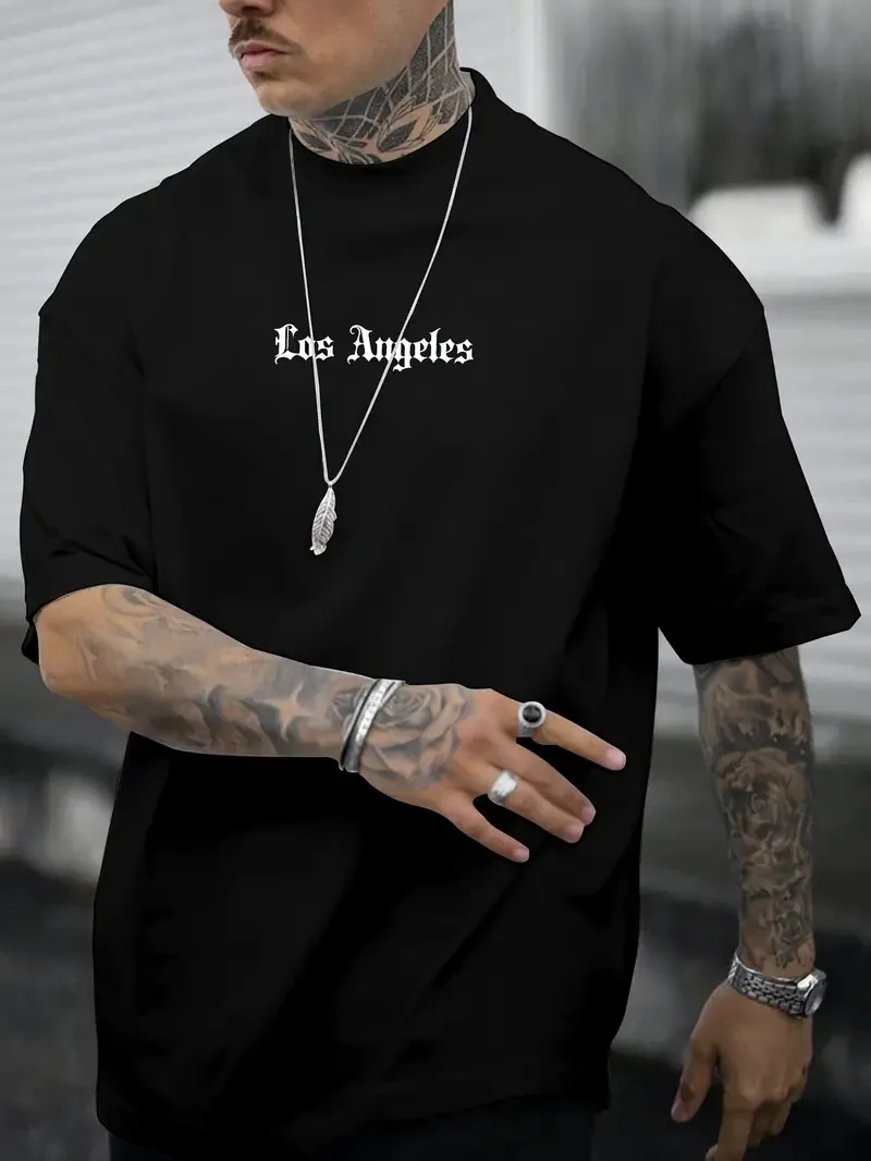 Men's summer 100% pure cotton fashionable casual sports loose Los Angeles graphic print round neck short sleeved T-shirt top