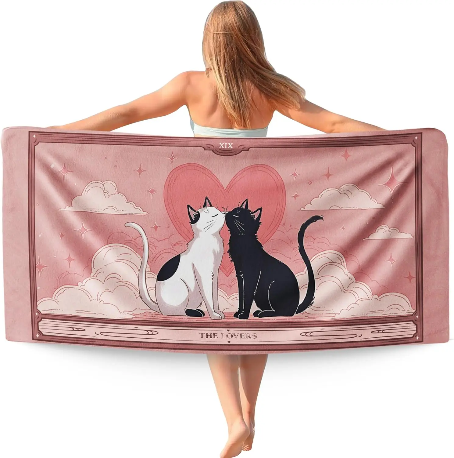 Pink Cat Valentine Beach Towel,Valentines Honeymoon Wedding Beach Towels Gifts for Women Girls, Preppy Coquette Quick Dry Travel