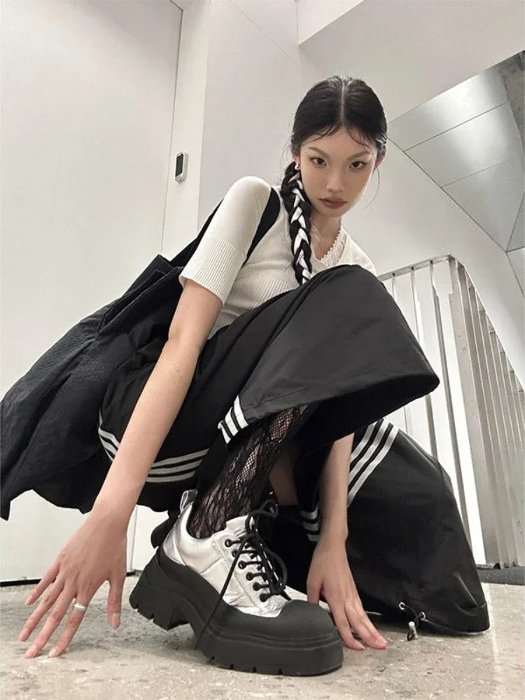 2024 Loose Parachute Skirt Women New Vintage Streetwear Korean Y2K Side Striped Black Skirts Casual Drawstring Aesthetics Skirts