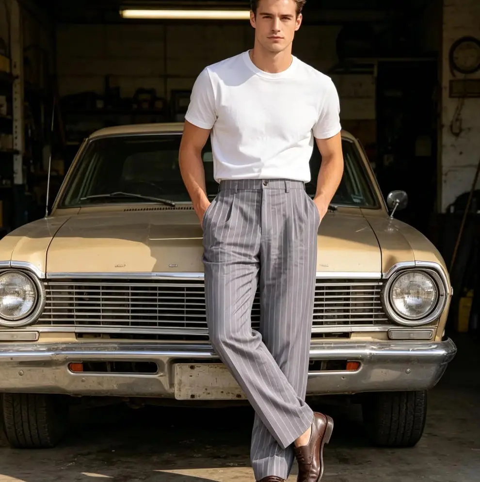 Men's Pinstripe Pants Linen Trousers  Solid Color Loose Fit Half Elastic Waist Straight Leg Breathable Soft For Summer Beach