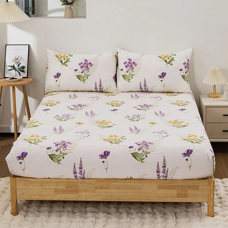 3pc floral conjunto de lençol quarto impresso capa de cama 100% poliéster elástico em torno do colchão capa king size