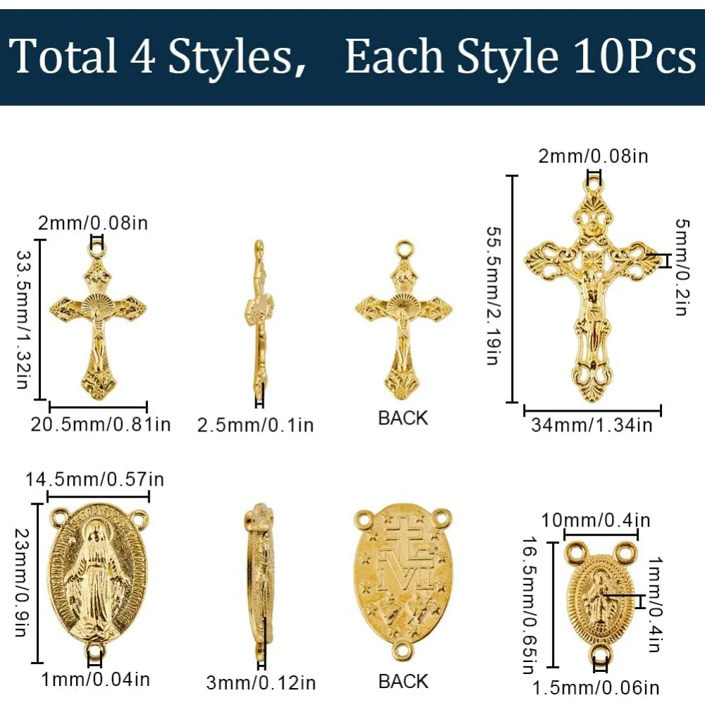 1 Box 40Pcs 4 Styles Gold Rosary Charm Rosary Cross Charms Easter Crucifix Oval Chandelier Links Findings Holiday making kit