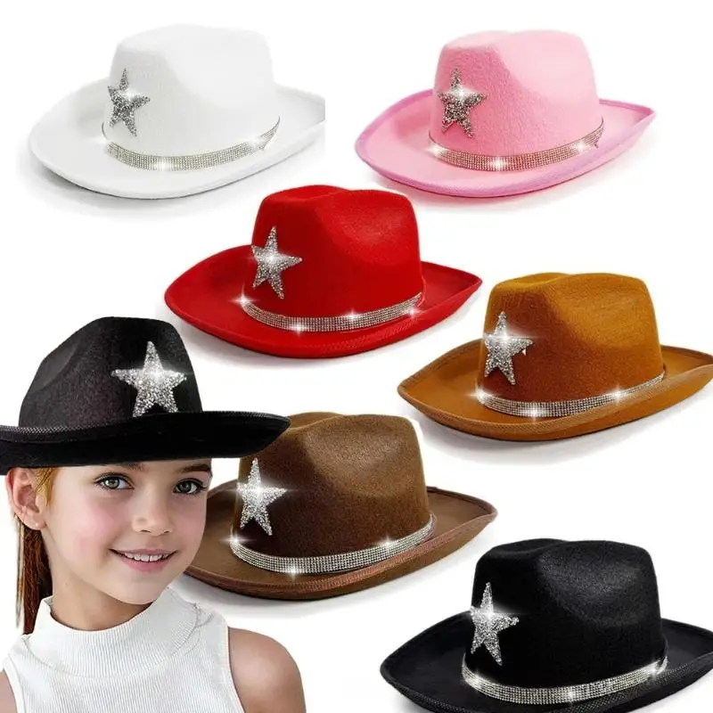 Kid’s Western Themed Cowboy Hat, Sparkly Rhinestone Pentagram Ornament, Festive Party Dress-up Hat for Boys and Girls