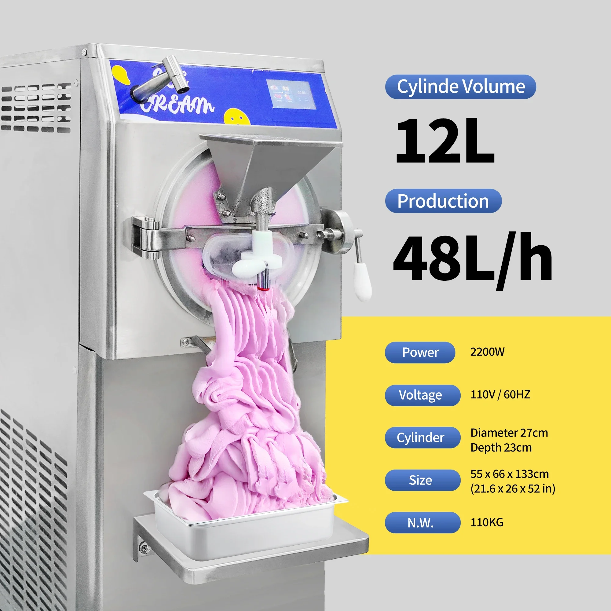 Máquina de helado duro de 32 ~ 48L/H, máquina comercial profesional de helado con tubería de agua