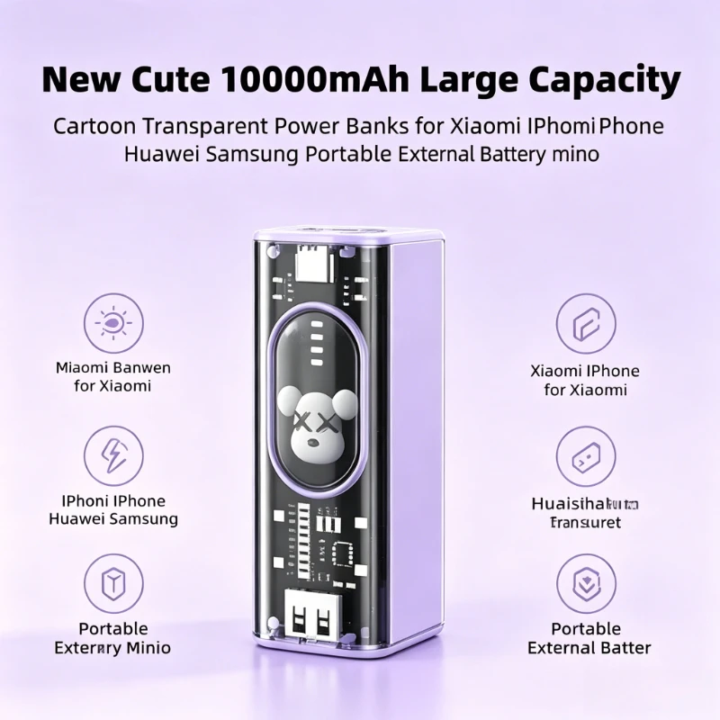 

10000mAh Mini Portable External Battery Cute Cartoon Design Transparent Phone Powerbank for All Smart Mobile Phones