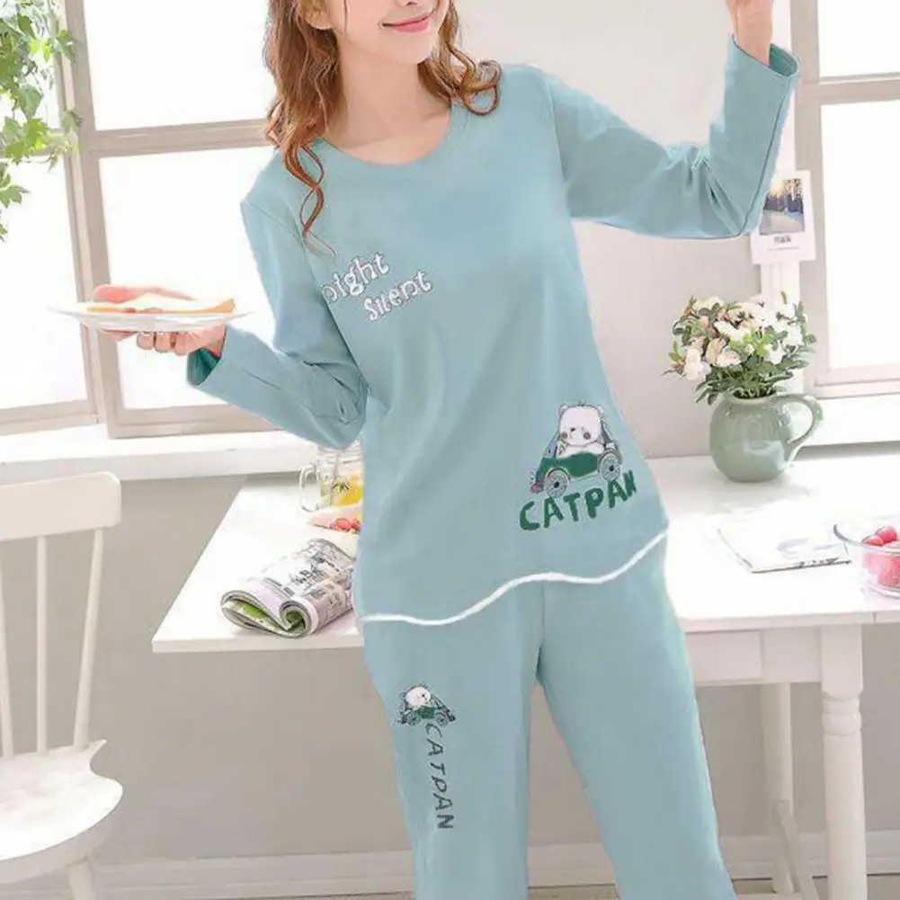 Warm Women Two-piece Pajama Set Cozy Women\'s Cartoon Rabbit Pajama Set Stylish Round Neck Top Elastic Waist for Fall/winter