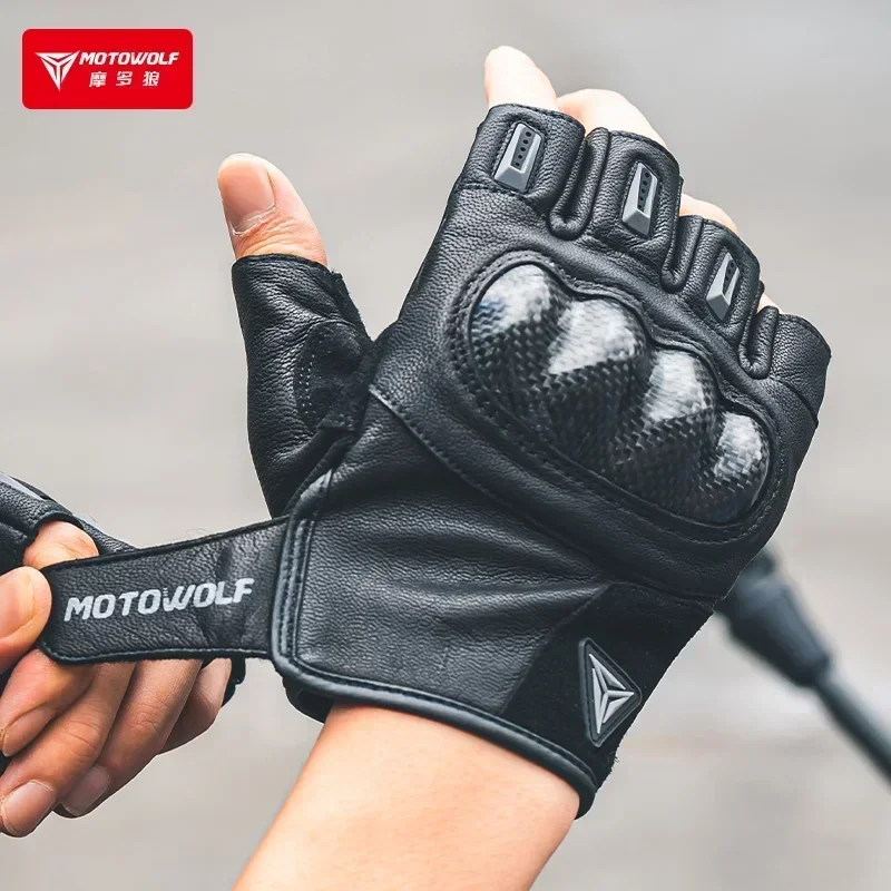 Motowolf Summer Motorcycles Carbon Fiber Anti Drop Breathable Leather Half Finger Motorcycles Gloves off-Road For Men And Women