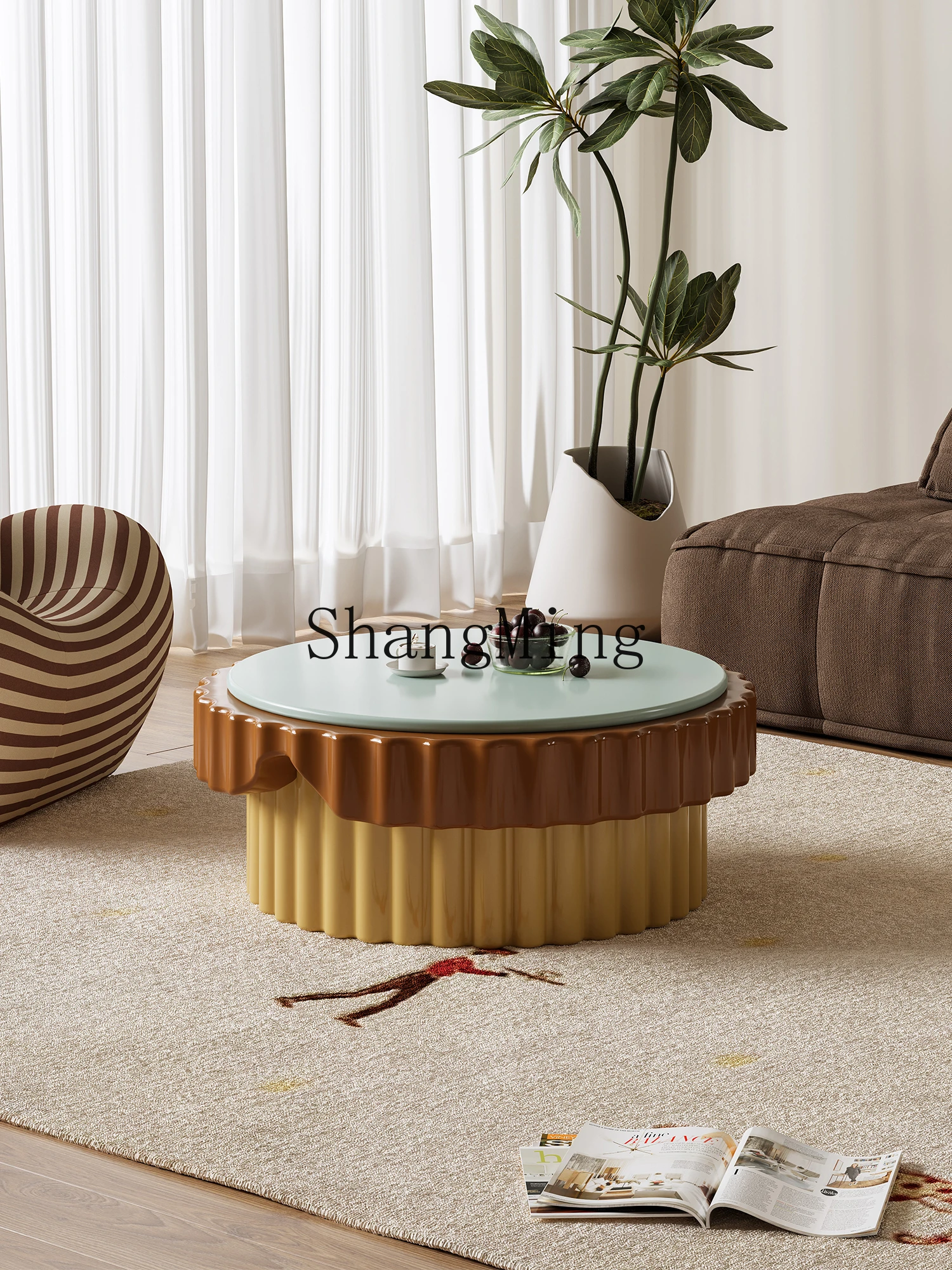 

CL Cream Style Cake Coffee Table for Living Room, Small Household, Modern Simple Light Luxury High-End Round Coffee Table