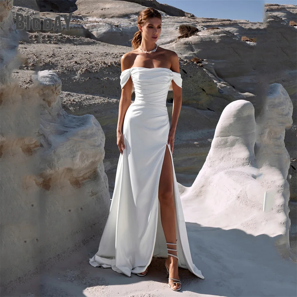 

Elegant Off The Shoulder Mermaid Wedding Dress Strapless Pleat Side Slit Open Back Bridal Gown Train Vestido De Noiva Customized