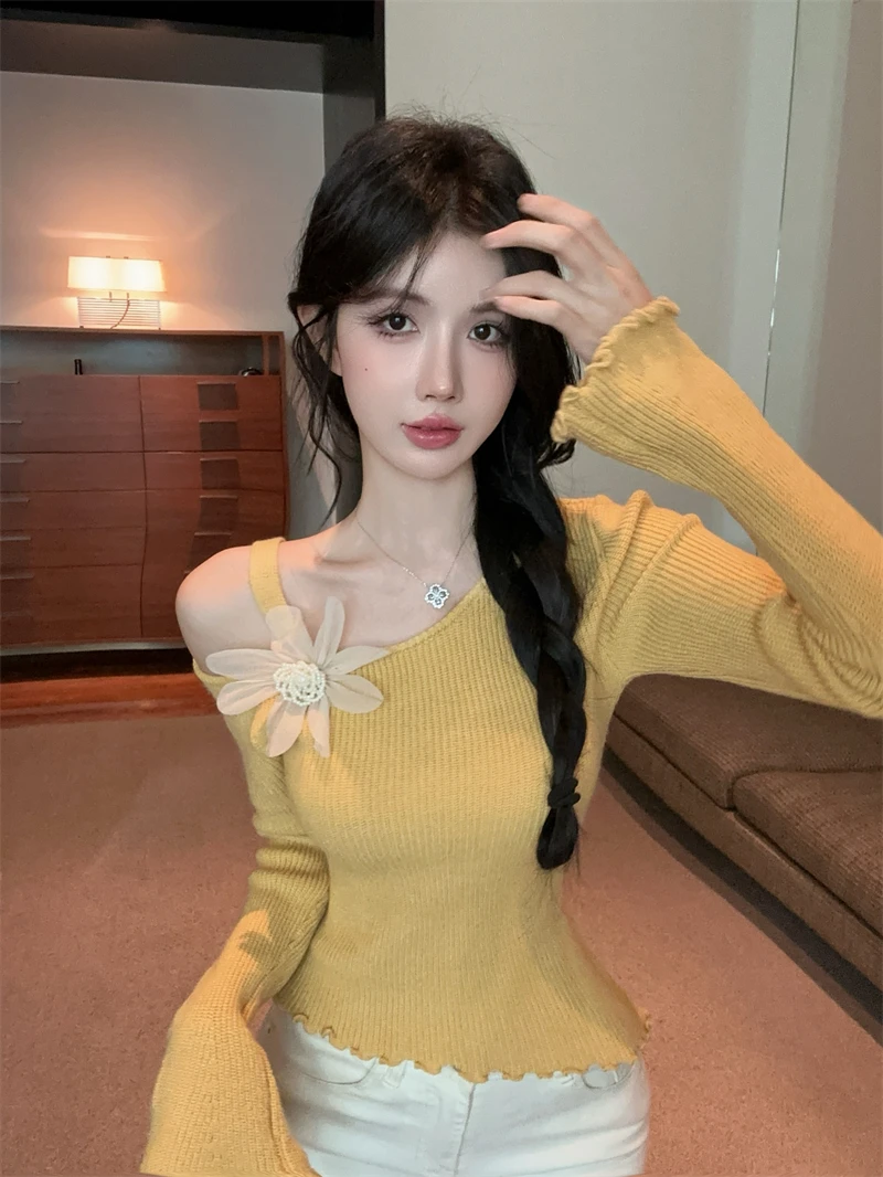 

Модный вязаный свитер с открытыми плечами, женский модный деревянный дизайн ain, повседневный теплый длинный свек, однотонный осенний свитер...