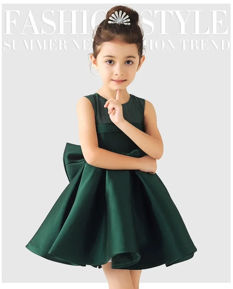 2024 Baby Girl Green/White/Red Satin Princess Dress with Big Bow Kids Wedding Dress Infants Bridesmaid Clothes Summer Vestidos