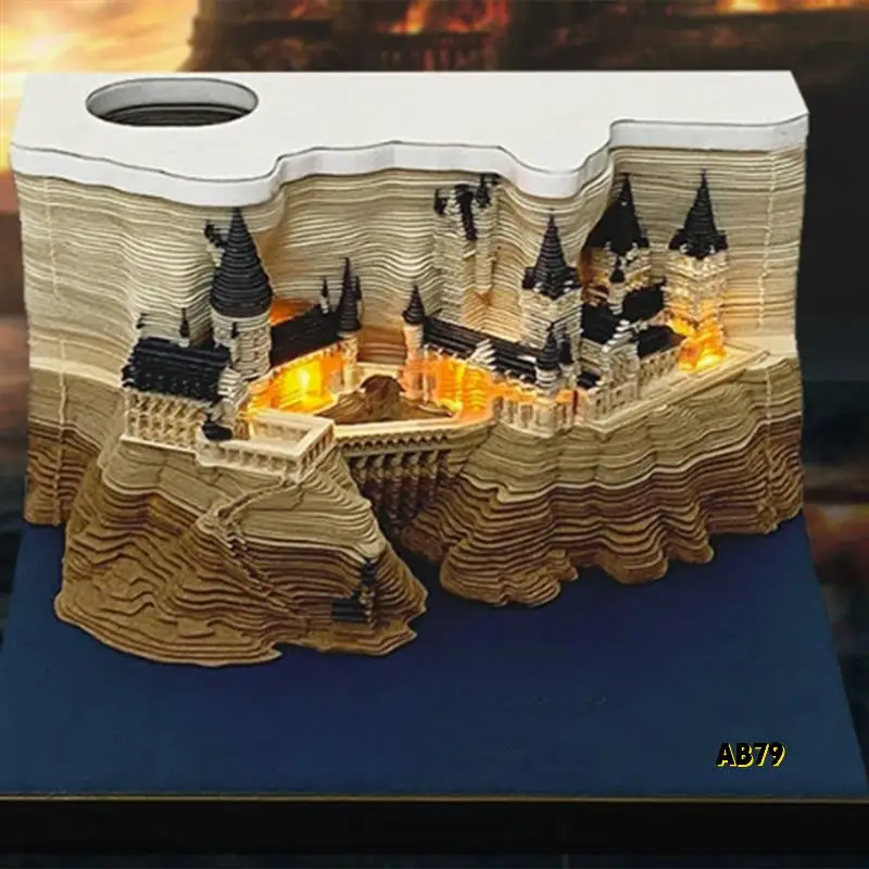 1 セット 3D 城カレンダー LED ライト付き紙彫刻アート卓上カレンダーマジックキャッスルウィークリーカレンダーメモ帳ペンホルダー