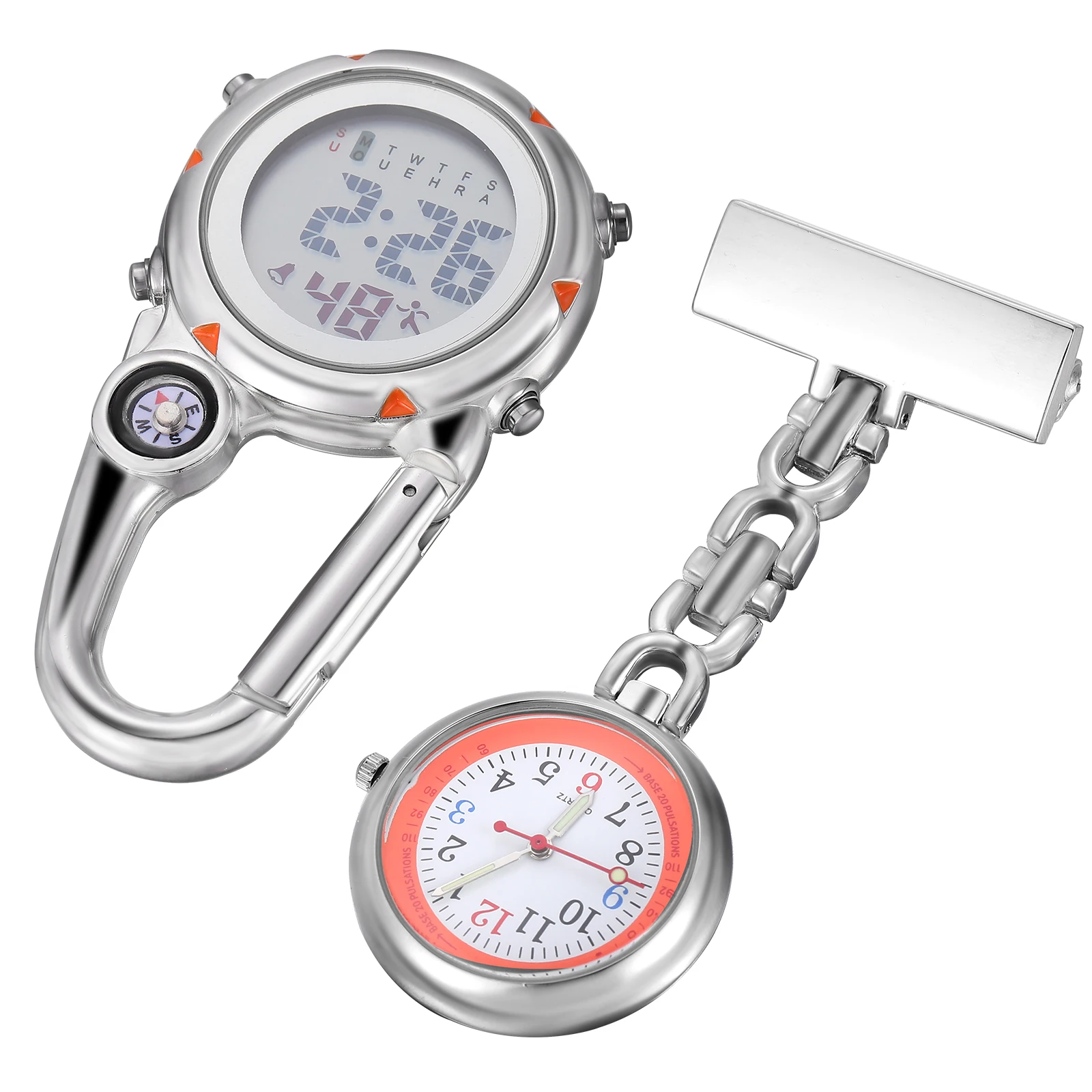 2pcs Pocket Watch Set Luminous Digital Clip On Watches For Nurses Outdoor Climbing Backpack Carabiner Nurse Supplies Doctor Fob