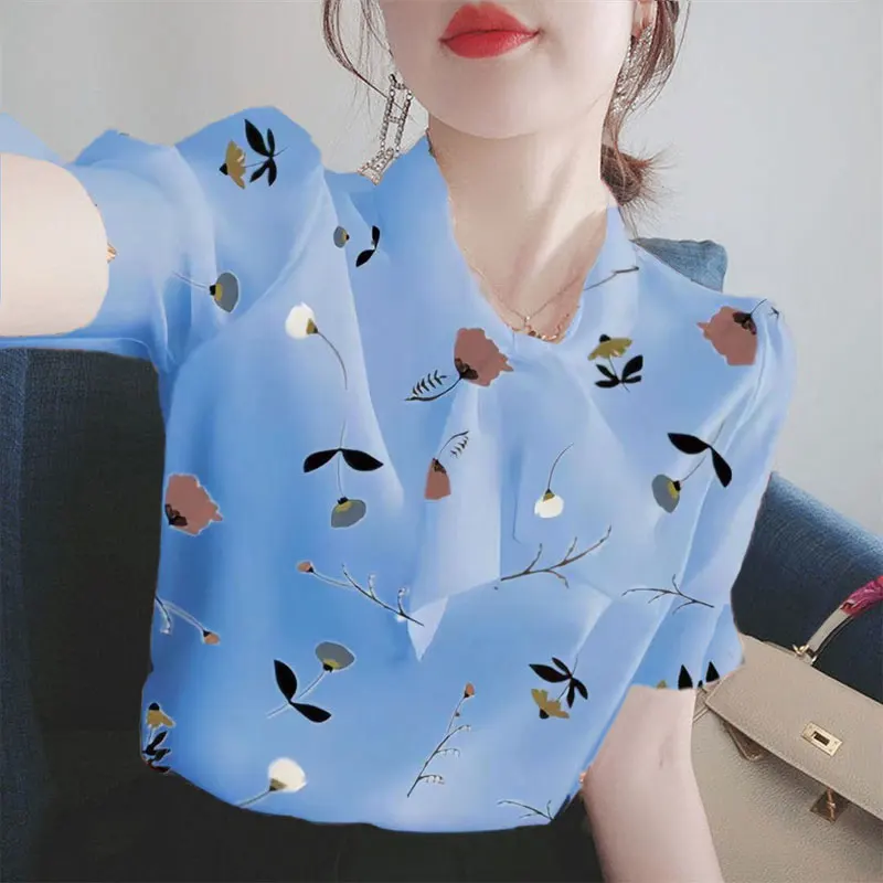 Office Lady Floral Printing Shirt 2024 Summer Fashion Scarf Collar Bow Female Clothing Casual Short Sleeve Loose Chiffon Blouse