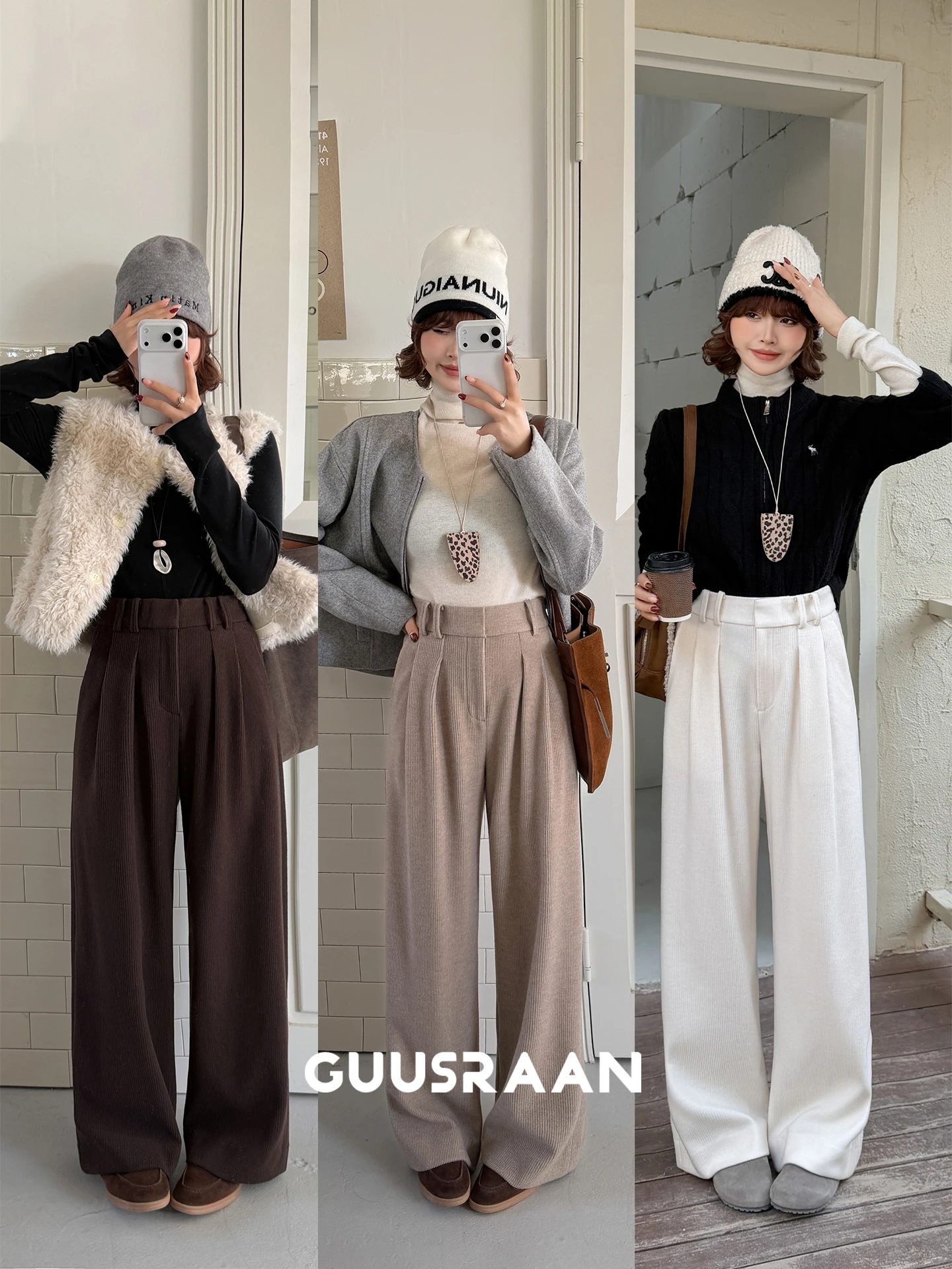 

Ele Vintage Women's Wool Corduroy Casual Pants Loose Wide Leg Trousers Slimming High Waist Zipper Polyester Fiber Blend