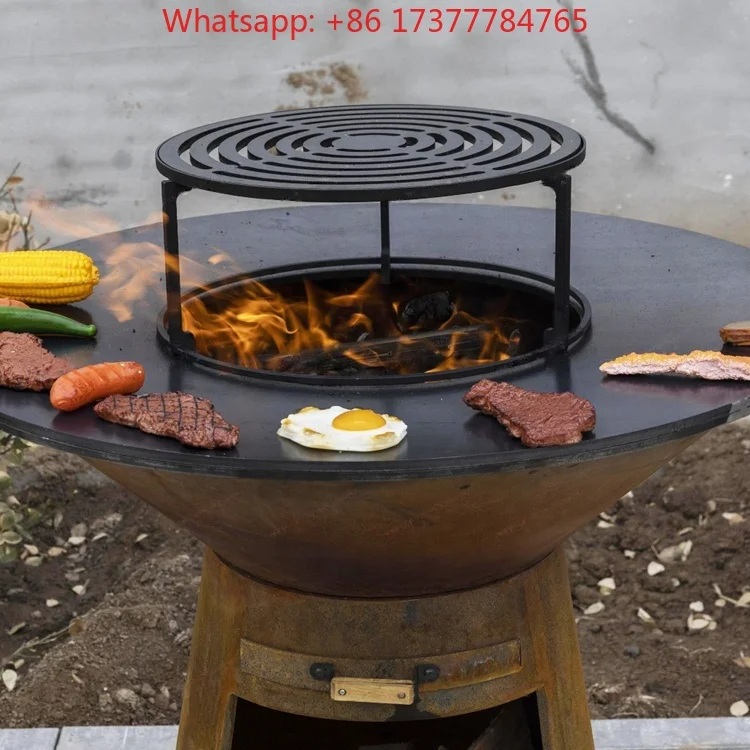 Patio Backyard Garden Picnic BBQ Plancha Grill, Rust Color Corten Steel Multi Functions Wood Burning Barbecue Brasero