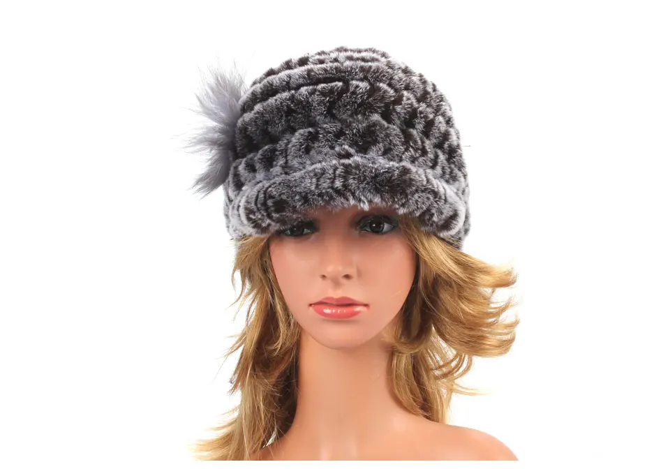 Winter Pelz Hüte für Frauen Rex Kaninchen Fell Elastische Gestrickte Hut mit Blume Pelz Hut Großhandel Baseball Kappe Weibliche Echtpelz Bonnets – Detail 20