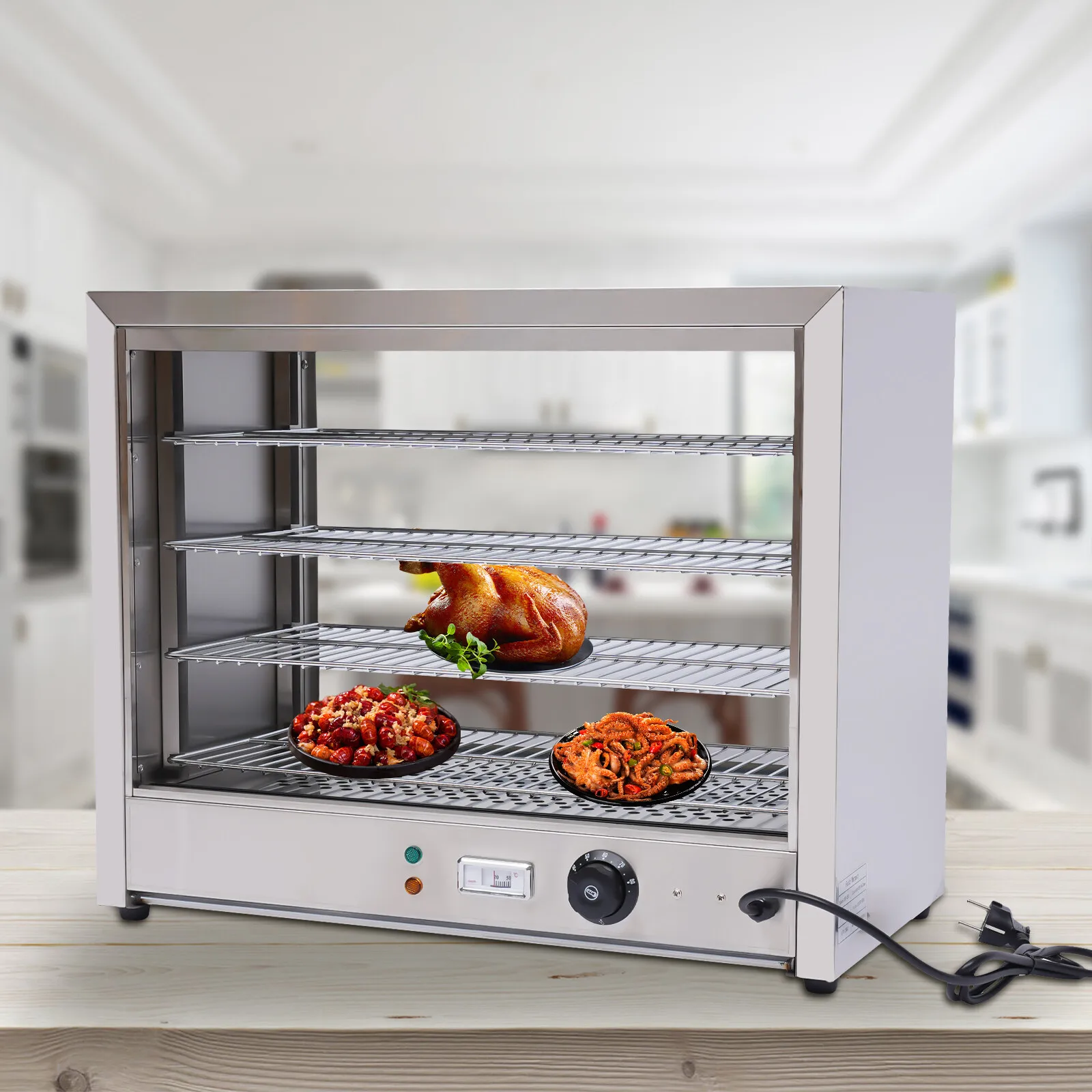 4-poziomowy podgrzewacz do żywności z regulacją temperatury, moc 800W, wyjmowane tacki, idealny do użytku komercyjnego w kawiarniach i piekarniach