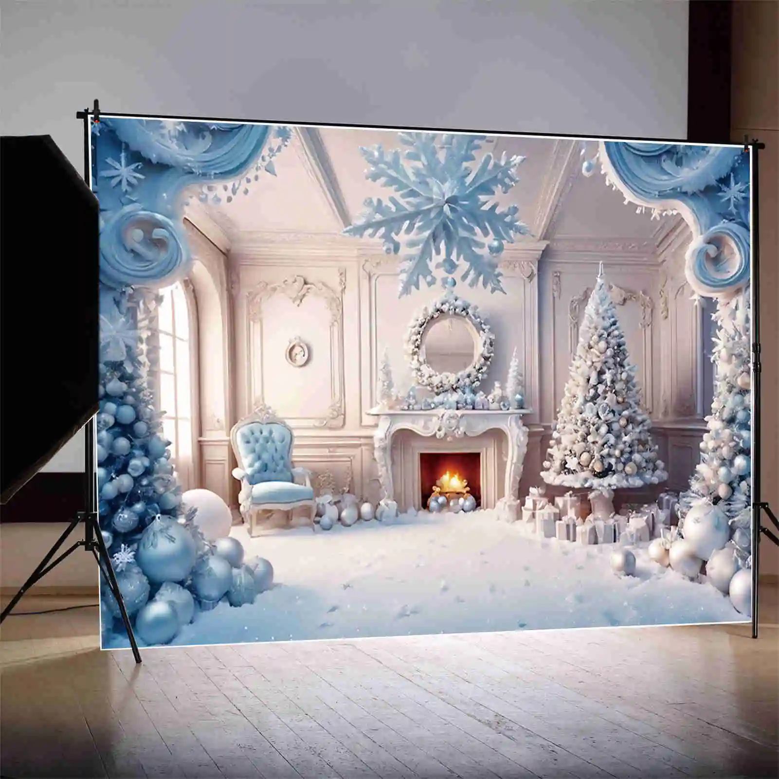 MOON.QG Children'S Christmas Tree Background Western Fireplace Indoor Ornaments Gift Backdrops Party Decor Photocall Accessories