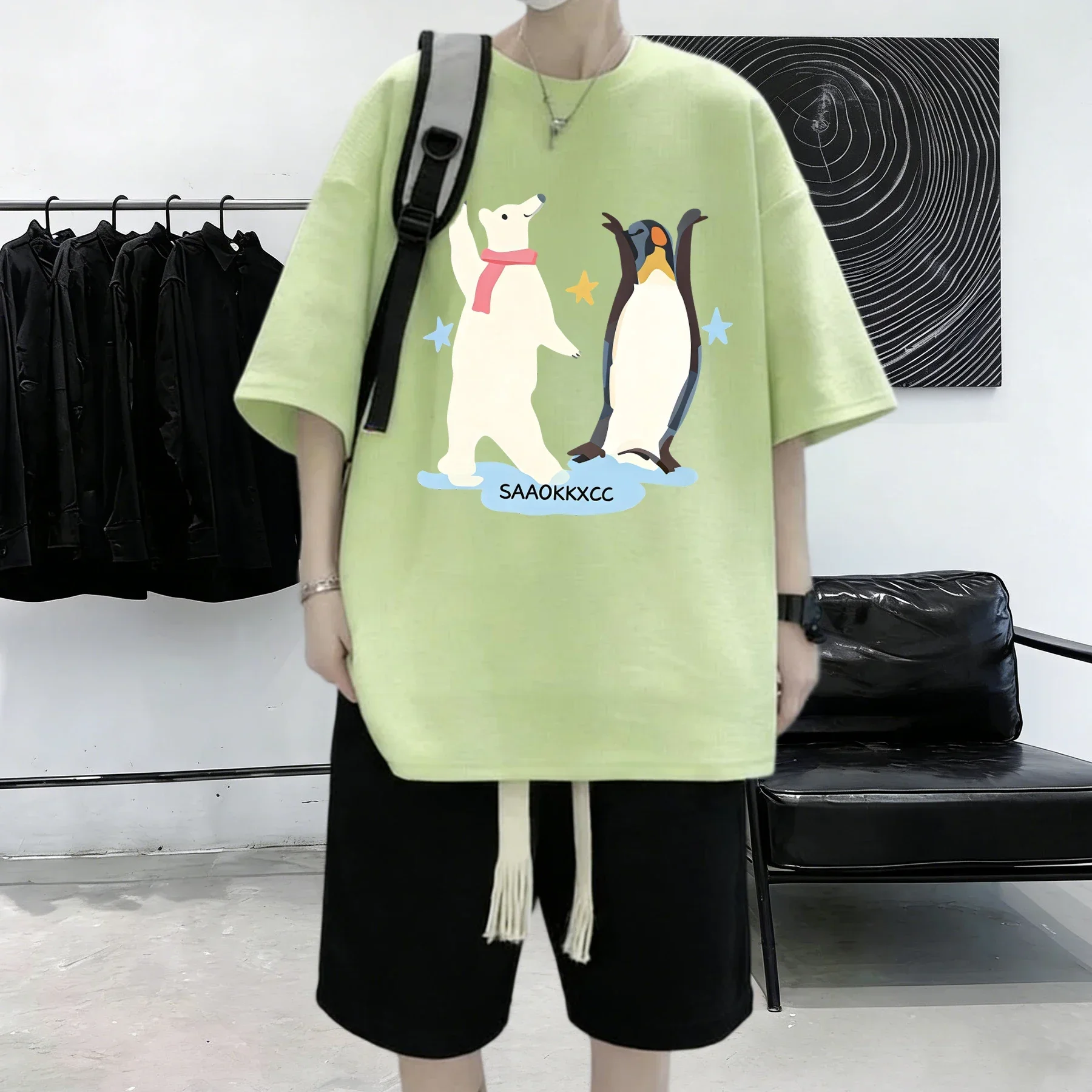 Penguins And Polar Bears Dance Together Prints Mens Cotton Casual T-Shirt Summer Crewneck Streetwear Fashion Loose Short Sleeve