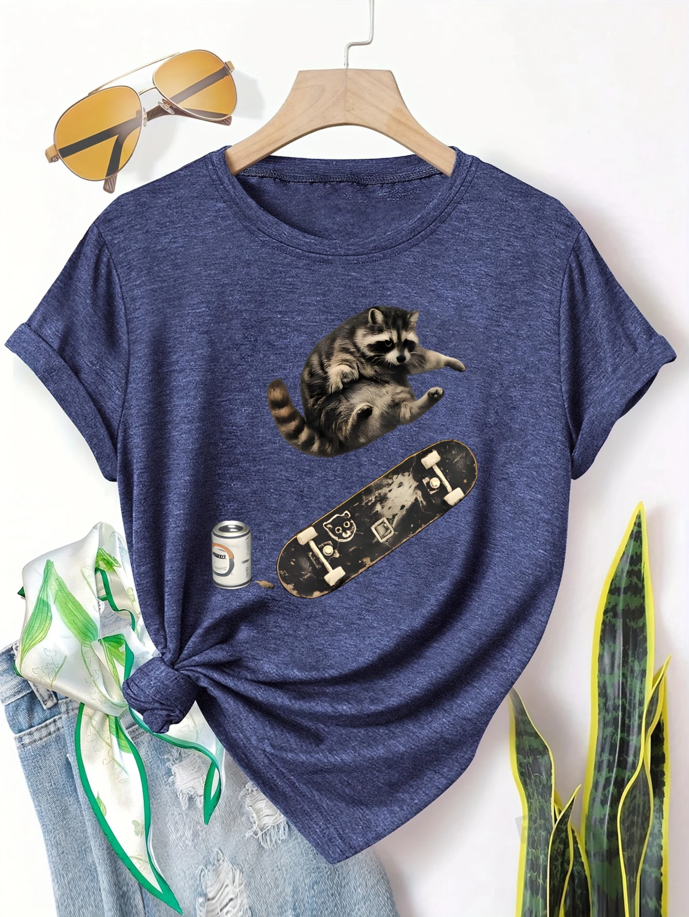 

Plus size women's short sleeve T-shirt Raccoon Skateboard Can Drink Plant Spring and Summer Essentials summer outfits women's