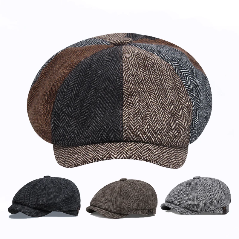 

Новый стиль, мужские и женские кепки, восьмиугольные шапки, шапки британских художников, осенне-зимние береты, плоские кепки с узором «елочка», береты в стиле хип-хоп Gorras