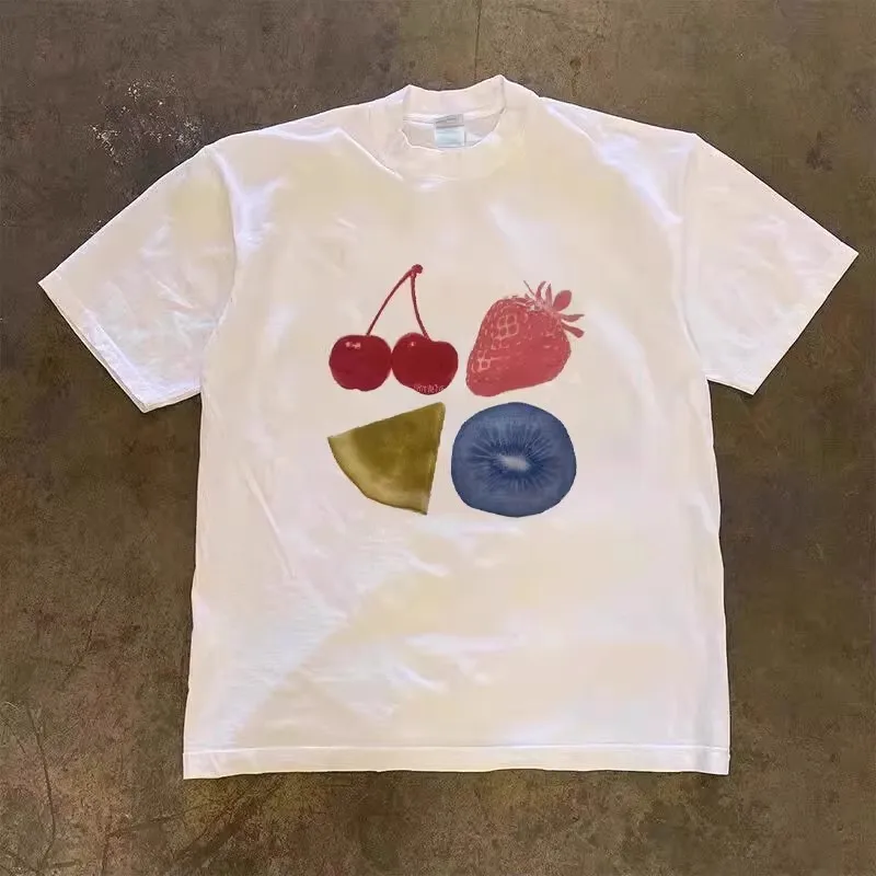 Realistic Fruit Pattern Cotton Short Sleeve T-Shirt 260g Heavyweight Versatile Streetwear Hip Hop Style by Xiao Chen Story Multi
