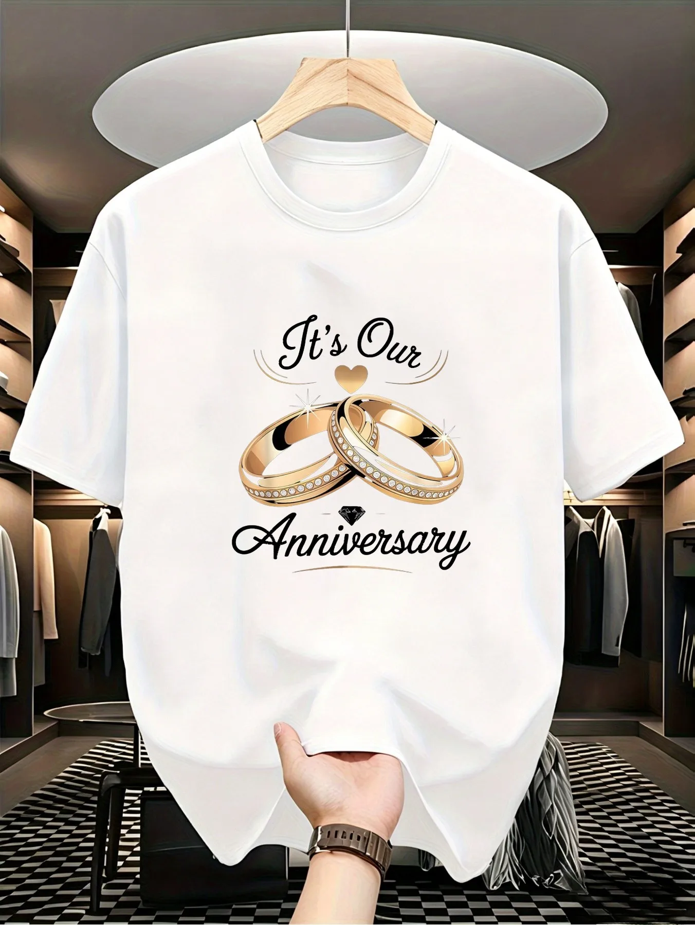 Matching Couples TShirts for Husband Wife Heavyweight Wedding Anniversary Shirts with Wedding Rings It's Our Anniversary Text Breathable Husband Wife Gift for 5th 10th 25th Year MilestUn01