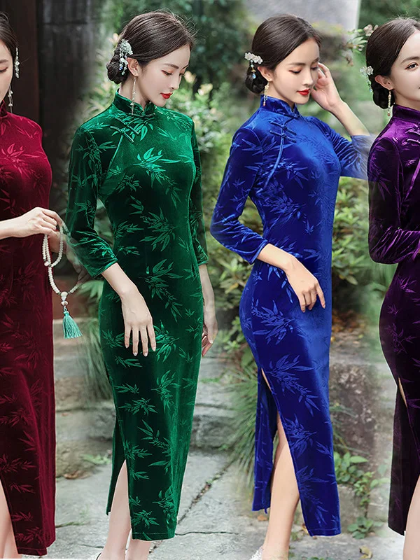 

Длинное бархатное платье-халат в винтажном стиле с цветочным узором, полностью закрытое, стройнящее, больших размеров, для беременных, повседневное ношение