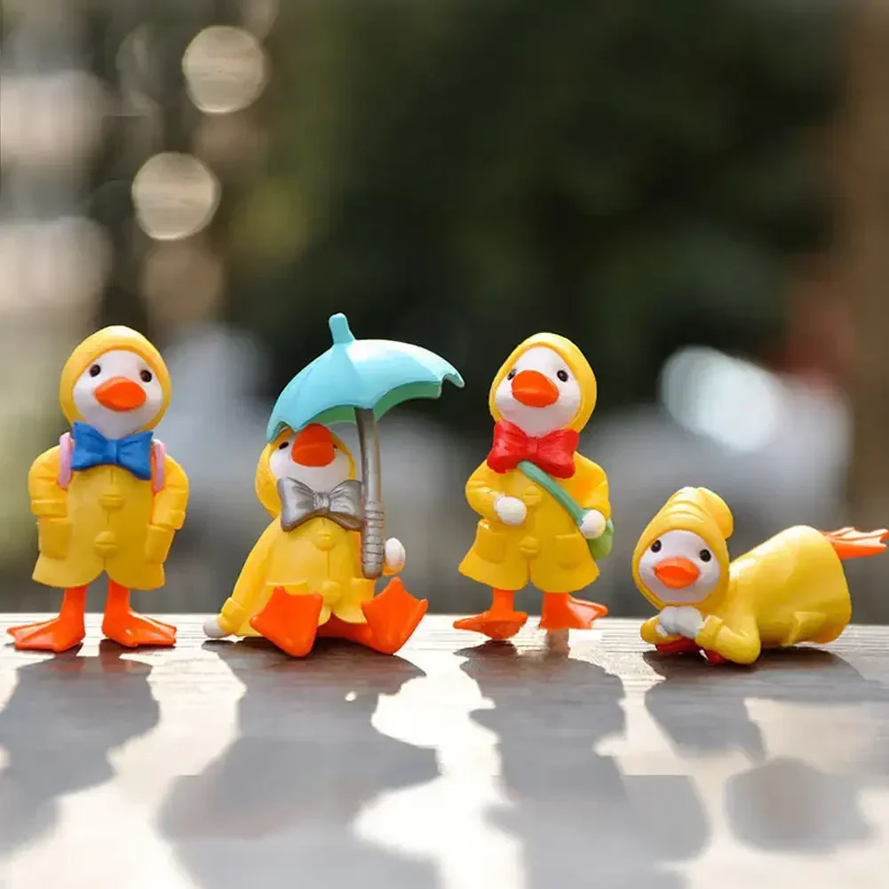 4pcs/set Umbrella Raincoat Cute Cartoon Duck miniature Figurine Ornaments Yellow Ducklings Figurine for Miniature Garden Decor