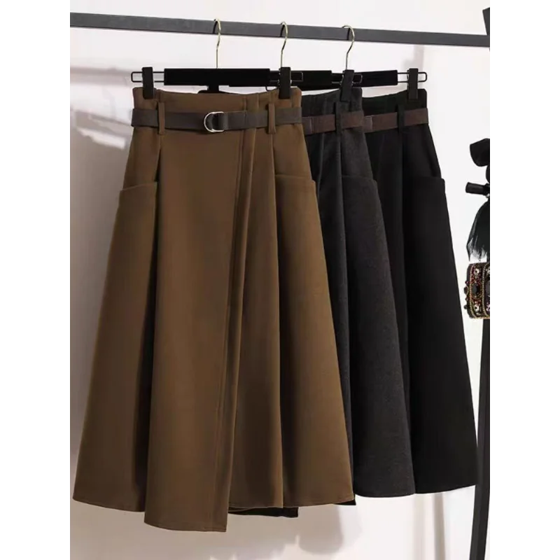 Autumn and winter new cover belly slimming black woolen skirt high waist mid length All match Pockets A-line skirt