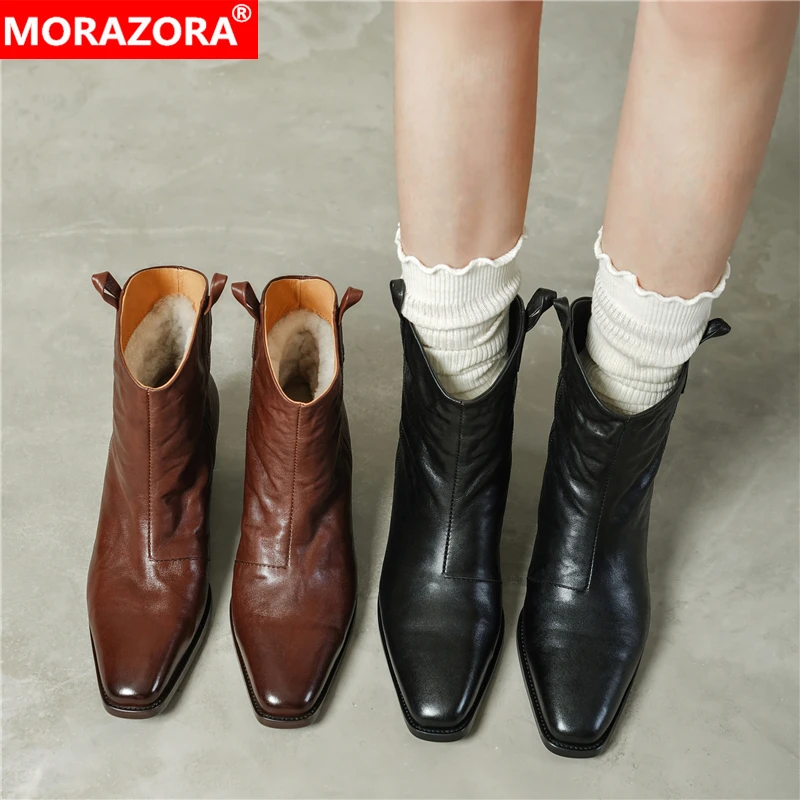 

New Genuine Leather Western Boots Women Nature Wool Warm Winter Boots Chunky Mid Heels Wool Warm Ankle Boots For Women Shoes