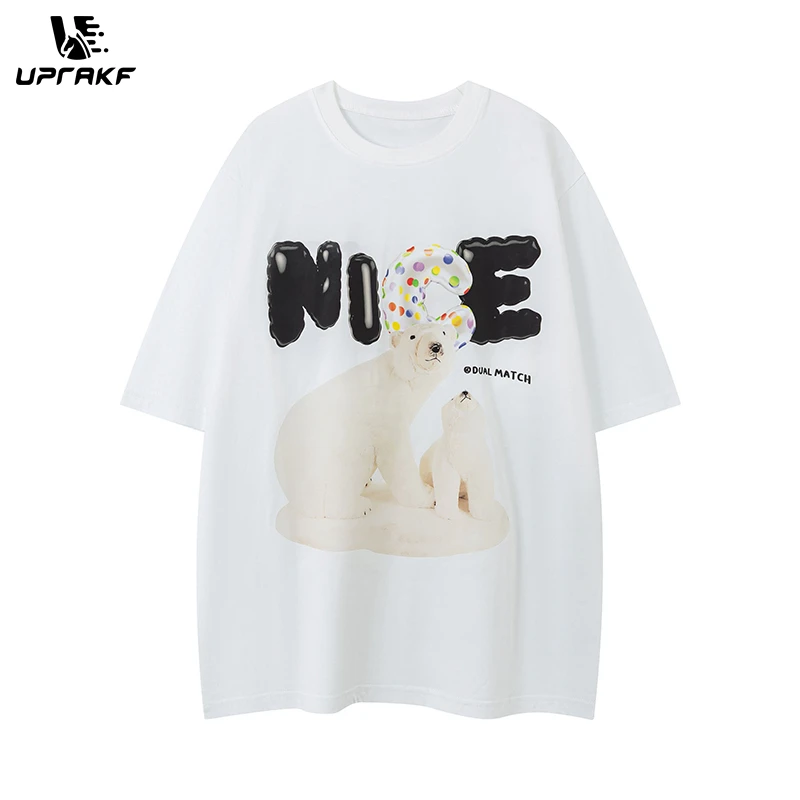 UPRAKF Streetwear Polar Bear Pattern T Shirts Fashion Crew Neck Oversize Summer Cotton Short Sleeve High Quality Casual