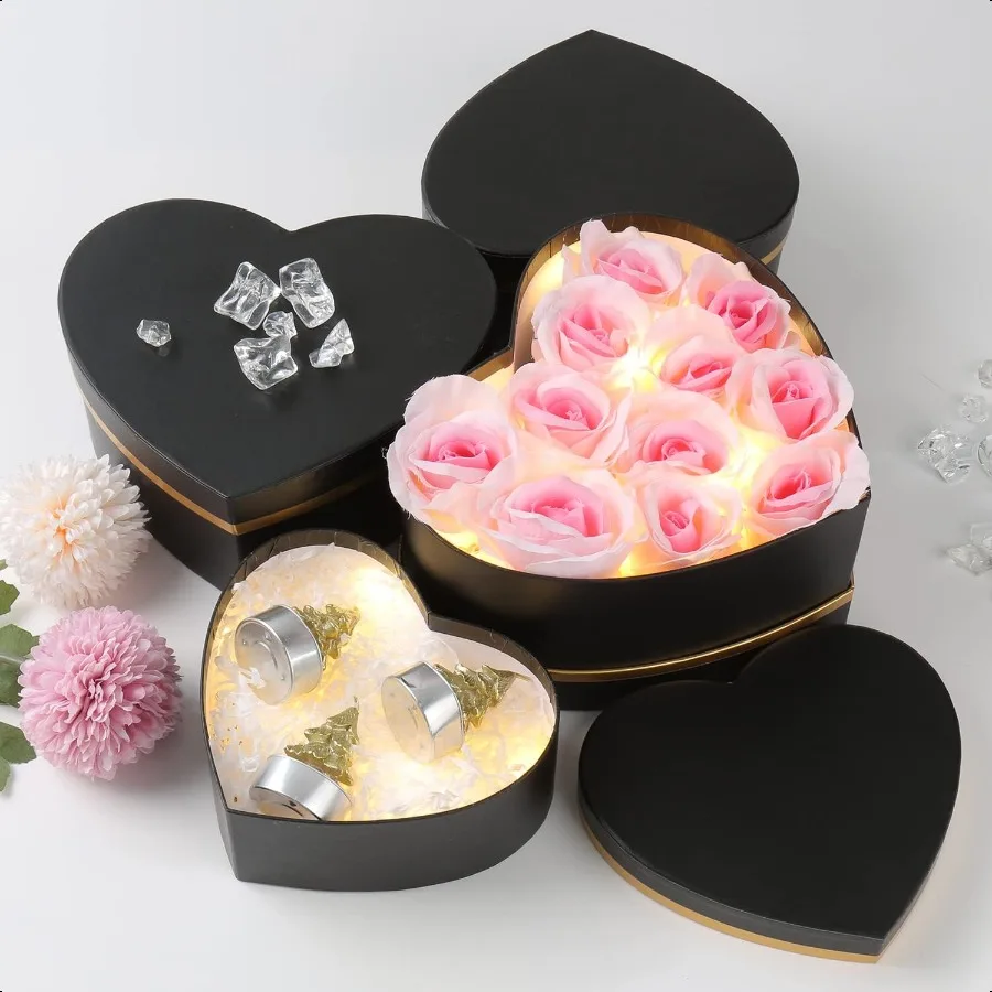 Black Gift Boxes with Lids for Present Heart Shaped Flower Boxes for Arrangements Set of 4 Floral Gift Boxes for Bridesmaid Pro