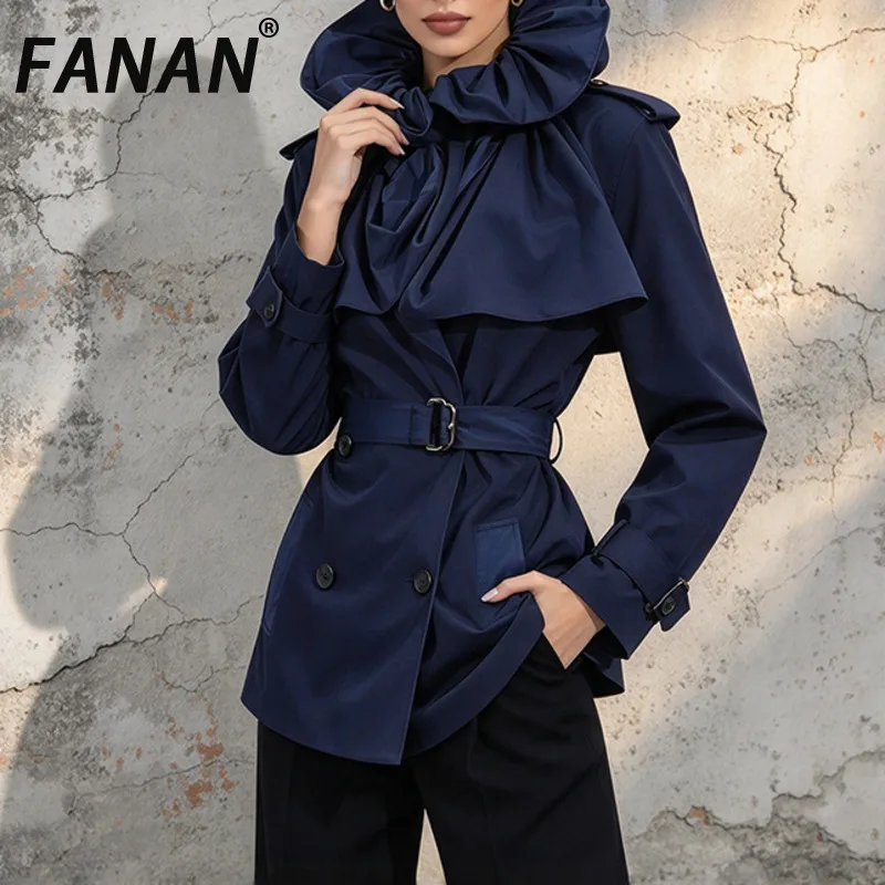 FANAN Women Ruffled Oversized Collar Short Trench Coat Double Breasted Belted Waist Long Sleeve Elegant Windbreaker Fashion