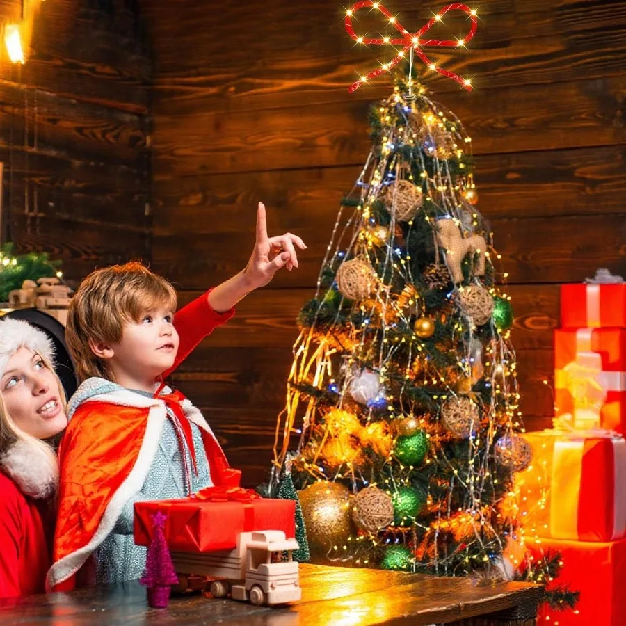 Soulchen Kerstboog Boomtopper Decoratie 9,4 x 10,4 inch Fluwelen Kersttopper Decor met LED-verlichting Kerstvakantie Strik