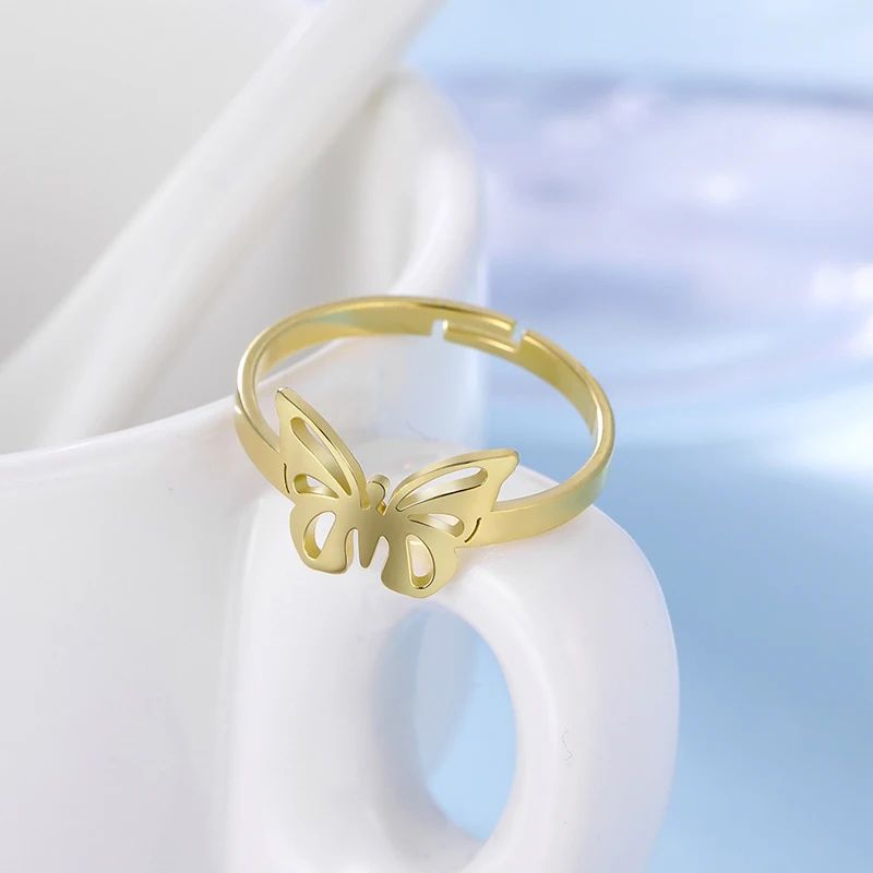 Amaxer for Women's Exquisite Hollow Butterfly Ring Gold Color Stainless Steel Fashion Ring Jewelry Party Friend Gift