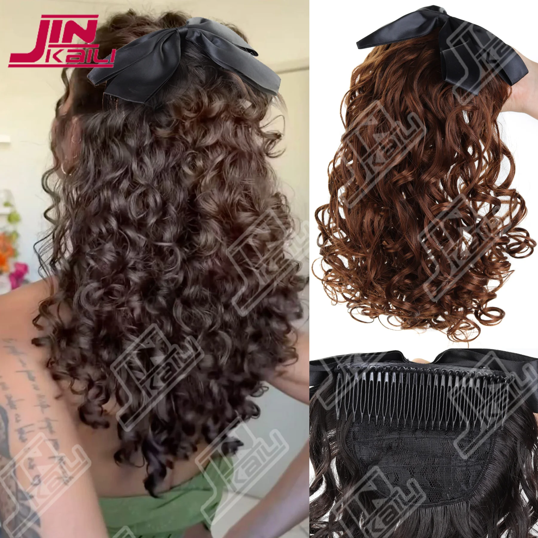 JKL ذيل حصان صناعي عتيق مع مشط أوروبي مجعد نفخة ذيل حصان كليب في ذيل الشعر وصلة شعر كاذبة طبيعية #1