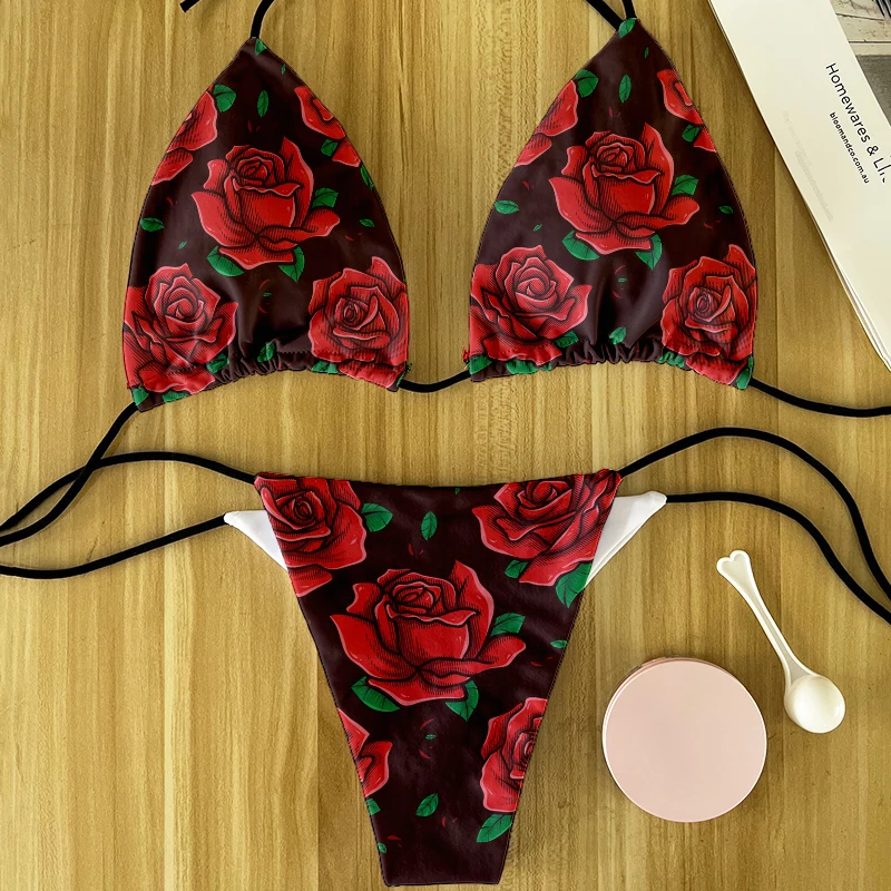 Bañador romántico con estampado de rosas para mujer, traje de baño sexy, bikini, Bragas, tanga, Fiesta en la playa, traje de baño de dos piezas