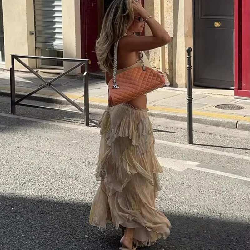 Новые женские юбки с градиентным принтом и эластичным поясом, многоуровневые юбки до щиколотки со средней посадкой, модные юбки для летней вечеринки