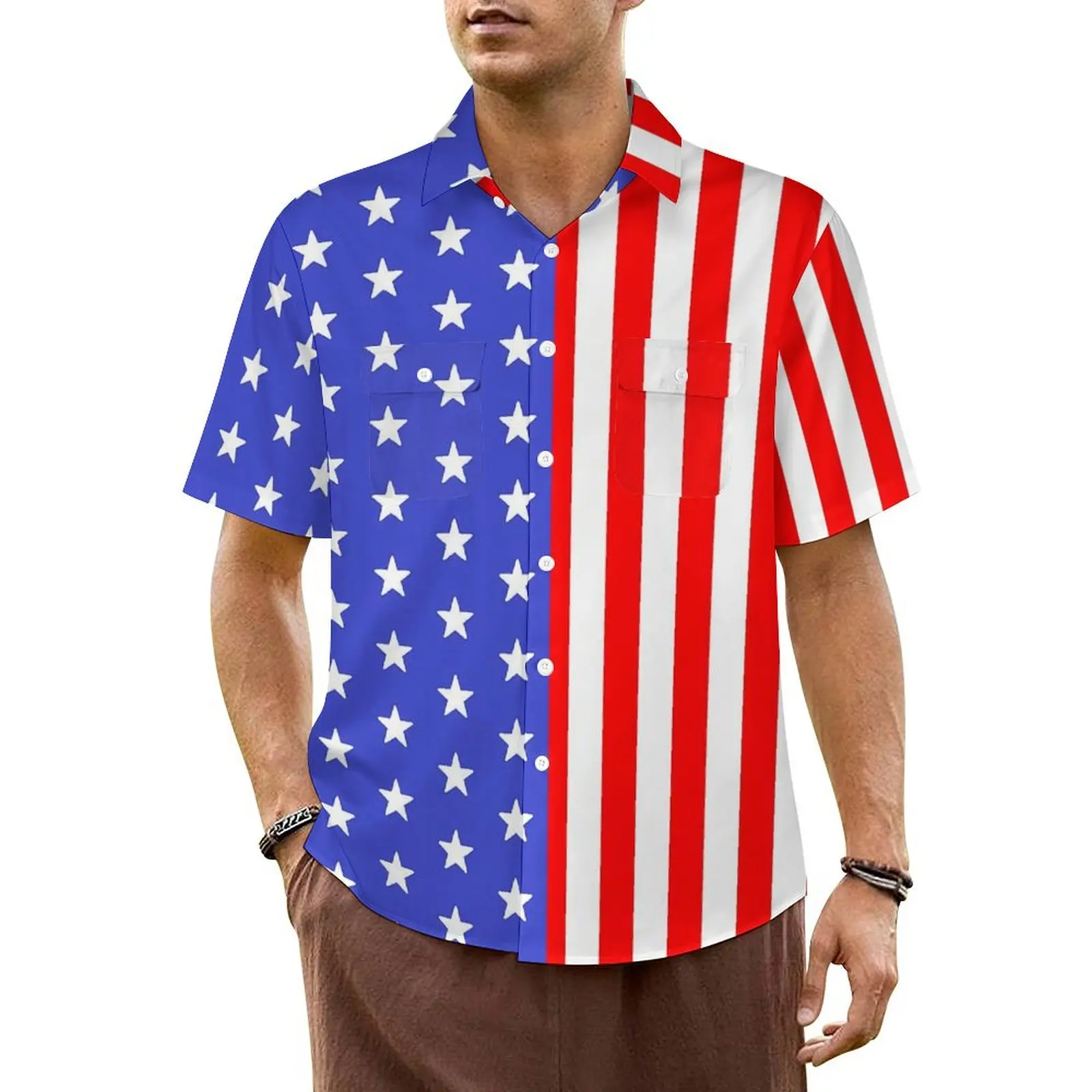 

American Flag Beach Shirt USA Stars and Stripes Summer Casual Shirts Mens Novelty Blouses Short-Sleeve Streetwear Design Clothes